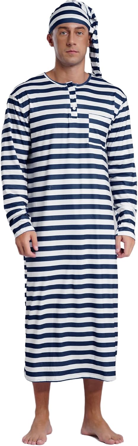 Sholeno Men's Striped Dubai Pajama Nightgown Saudi Sleeping Robe with Hat Middle East Nightshirt