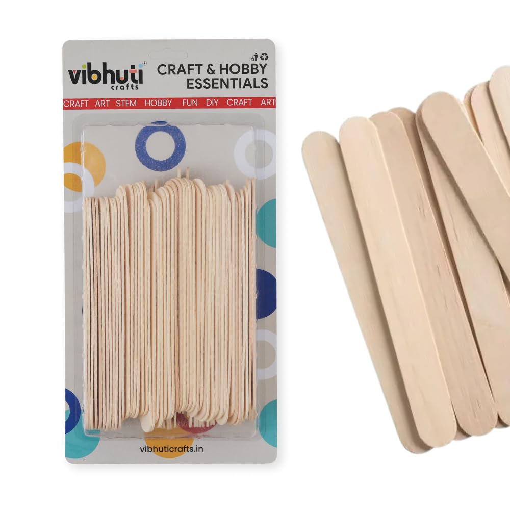 Vibhuti Crafts (hoblie) Natural Wood Big Ice Cream Sticks/Popsicle Sticks - 100 Pcs - (15 x 2 cm) | Smooth Finish Craft Sticks for DIY, Arts & Craft Projects, Adults School Activities, Kids Crafting & House Building