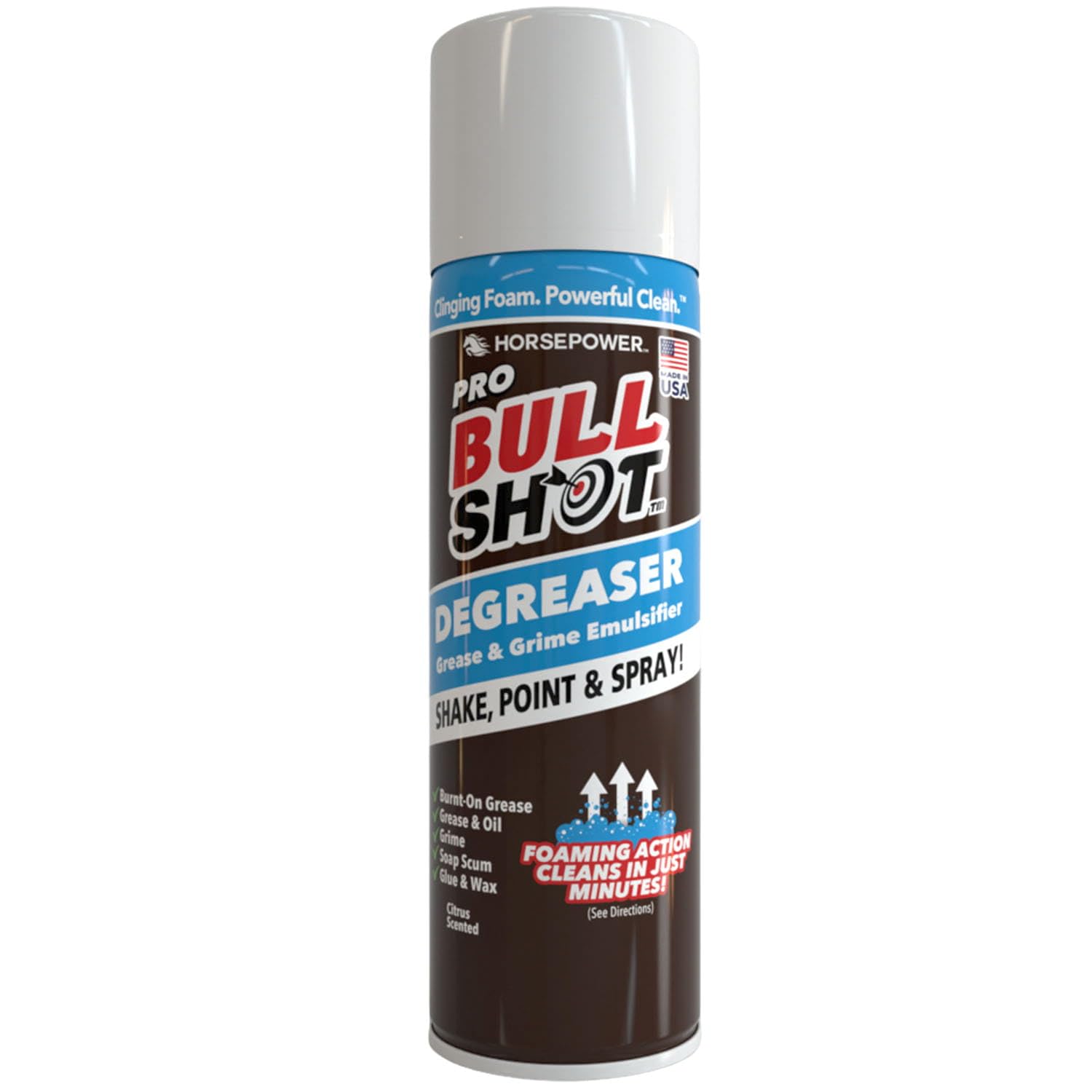Bull Shot Degreaser Pro, Foaming Degreaser & Grime Remover, Heavy-Duty, AS SEEN ON TV, Residue-Free, Shake, Point & Spray, Emulsifies Grease, Oil Splatters, Glue, Tape Residue & More - Made in the USA