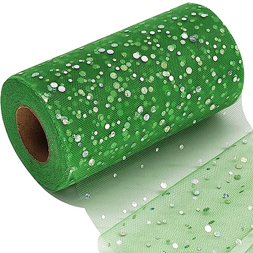 Glitter Tulle Fabric Rolls 6 Inch 50 Yards (150ft) Sparkling Ribbon Sequin Polka Dots Netting Spool for DIY Tutu Skirt Wedding Baby Shower Bow Easter Party Decoration Crafts, 21 Colors, Emerald Green