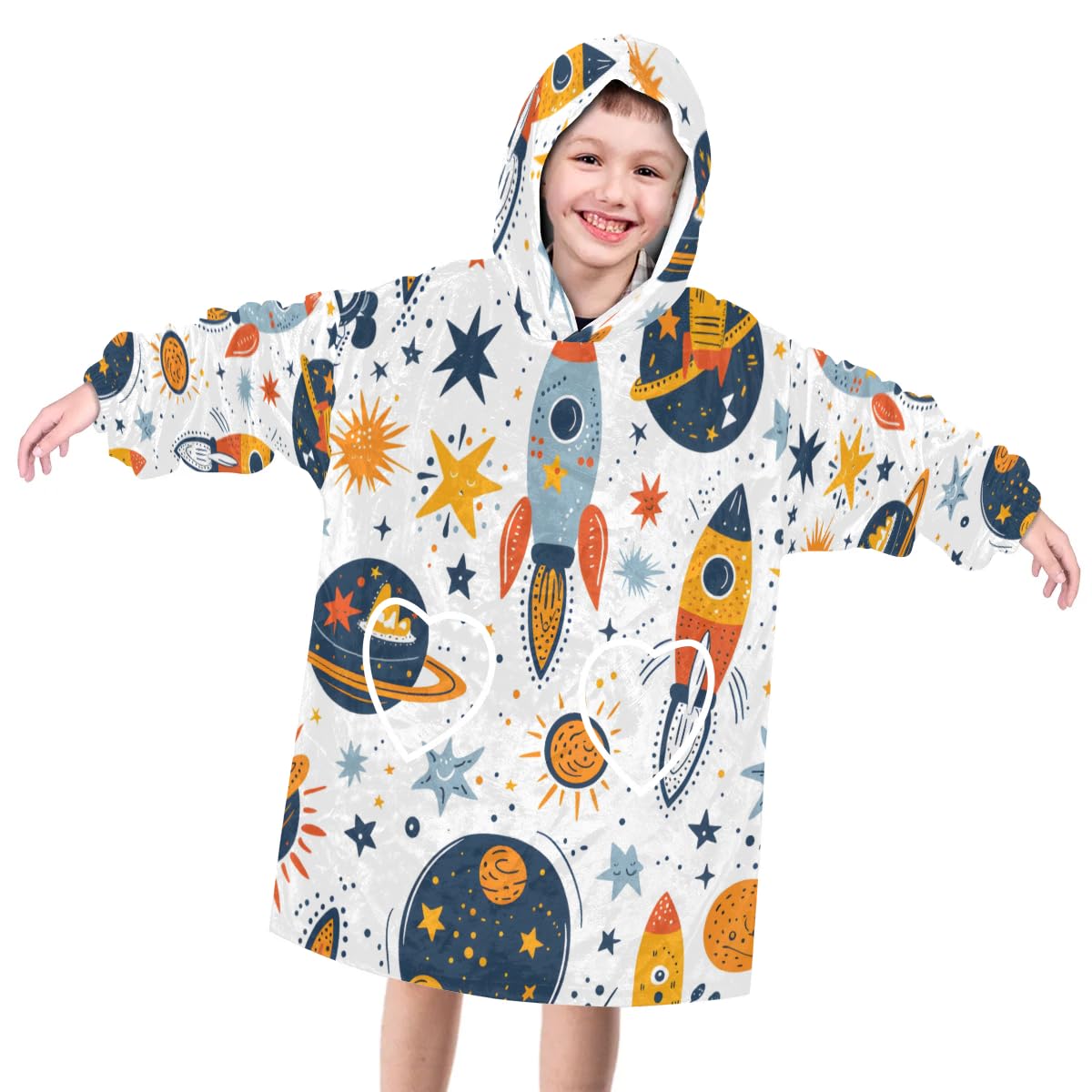 Pardick Wearable Blanket Hoodie for Kids, Romantic Rocket Fleece Sweatshirt Blanket Oversized Blanket Sweatshirt with Pocket Flannel Warm Hooded Blanket 6-10 Year Old Girl Boy Gift, One Size