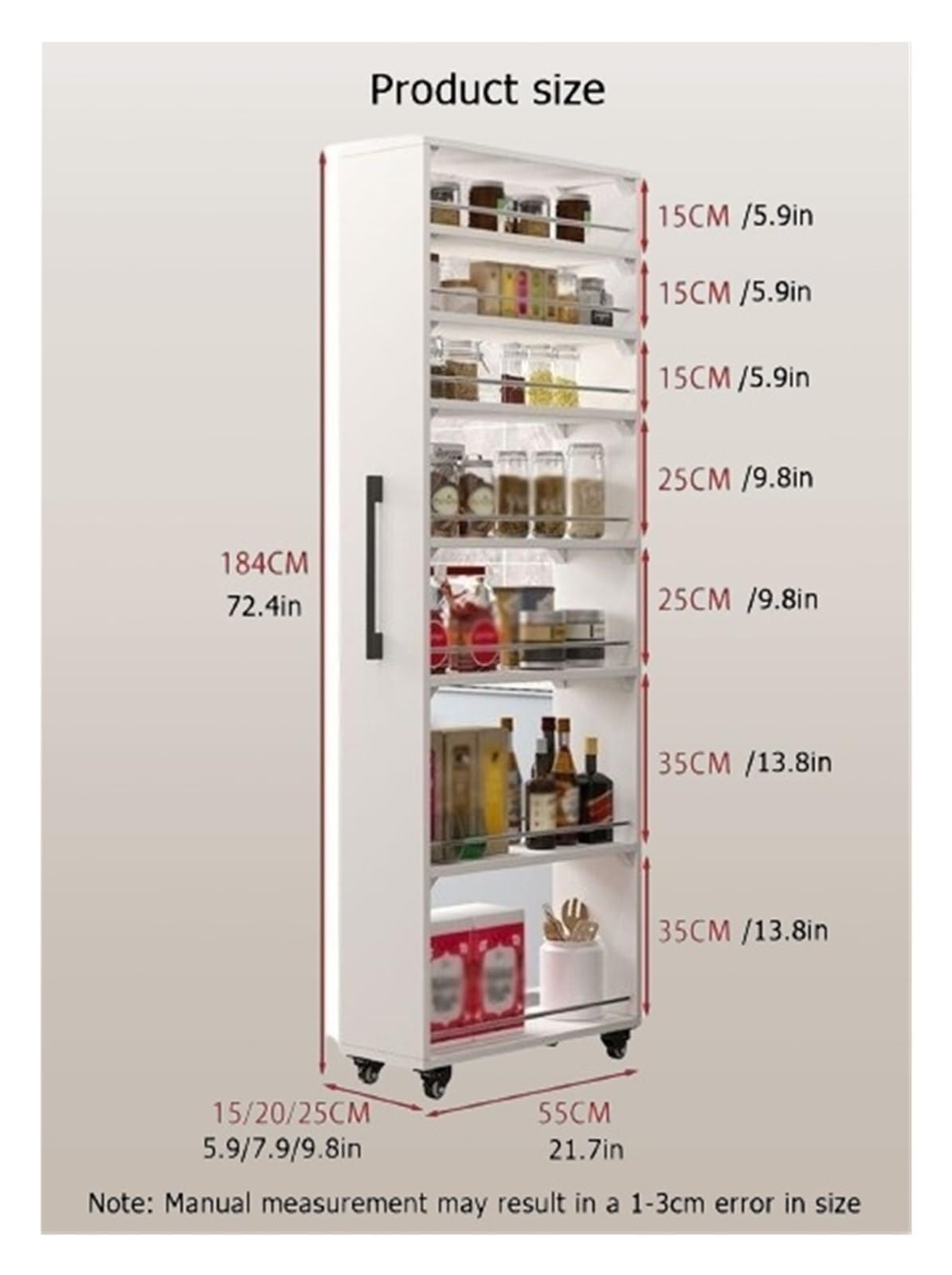 Smukły, 7-poziomowy stojak na kółkach z kółkami, wąski wózek kuchenny 15 cm, regulowane półki do spiżarni, reurant i domowych solutów