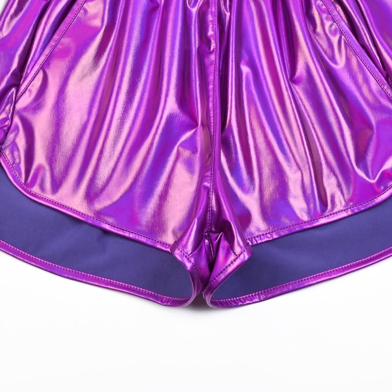 Image of Perfashion Women's Metallic Shiny Shorts Sparkly Hot Yoga Outfit