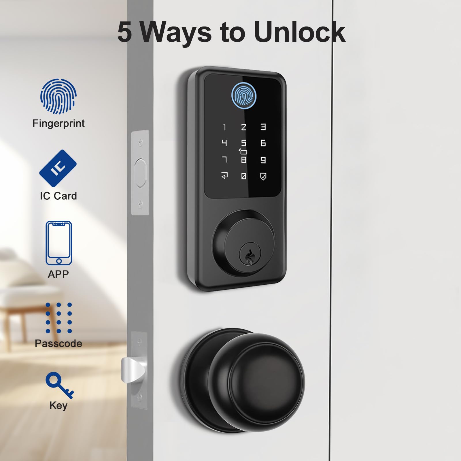 Serrure de porte à empreinte digitale avec poignée ronde Secusly Serrure de porte d'entrée sans clé Ensemble de poignées de porte d'entrée à clavier électronique avec poignée à levier Installation