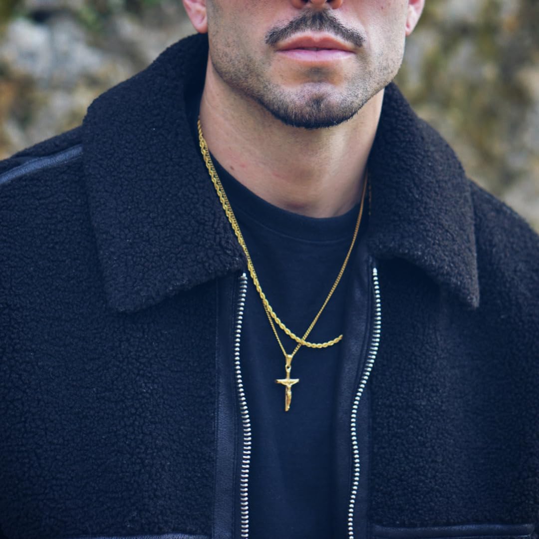 DVRK® Pack 2 Collares Hombre Bañados en Oro 18k con Base Acero Inoxidable 316L Resistentes al Agua - Cadena Oro Hombre, Cordón, Collar Figaro, Cruz, Crucifijo, Rope, Regalos
