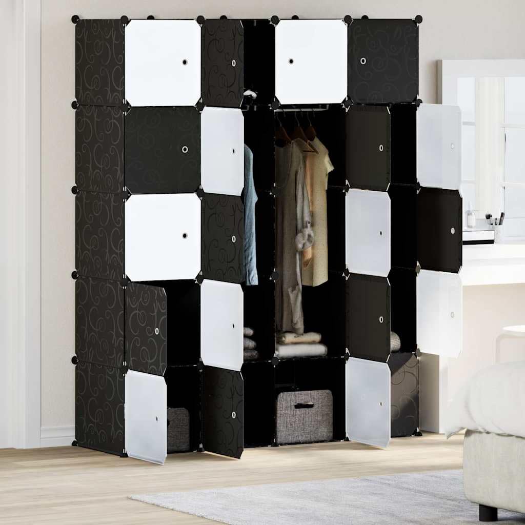 System regałów z 20 kostkami z polipropylenu, drążki do zawieszania i drzwi, 144,5 x 46,5 x 179 cm, możliwość układania w stos, do szafy na ubrania, system porządkowania garderoby