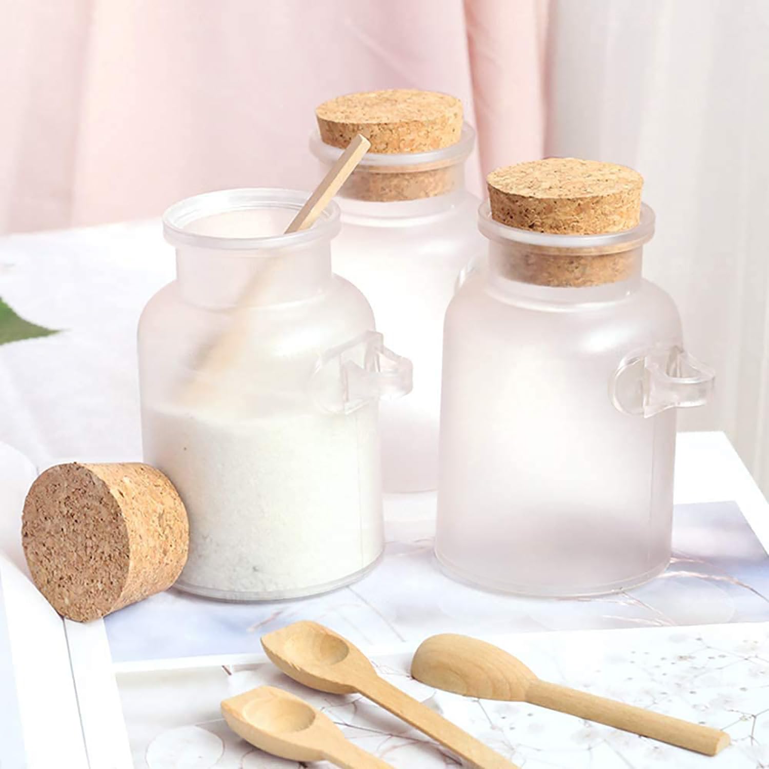 6 Barattoli Per Spezie Ermetici Con Coperchio In Sughero E Cucchiaio, 200 Ml, Plastica Opaca Bianca