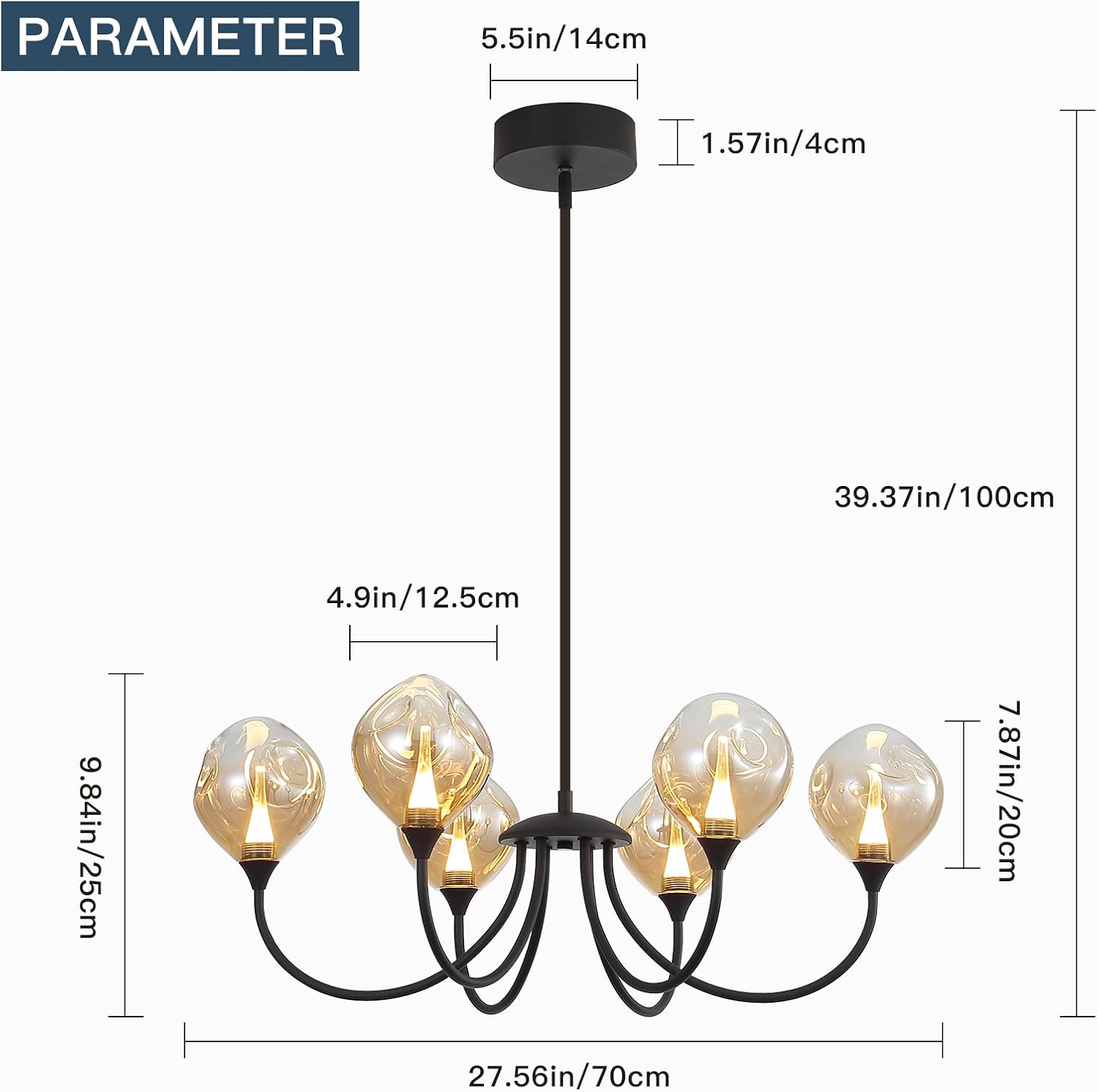 Black 6-Light Chandelier, Amber Gradient Glass Farmhouse Decor Light, 24W LED Dimmable Dining Room Light Fixture, Living Room Dining Room Kitchen Island Decor Lamp