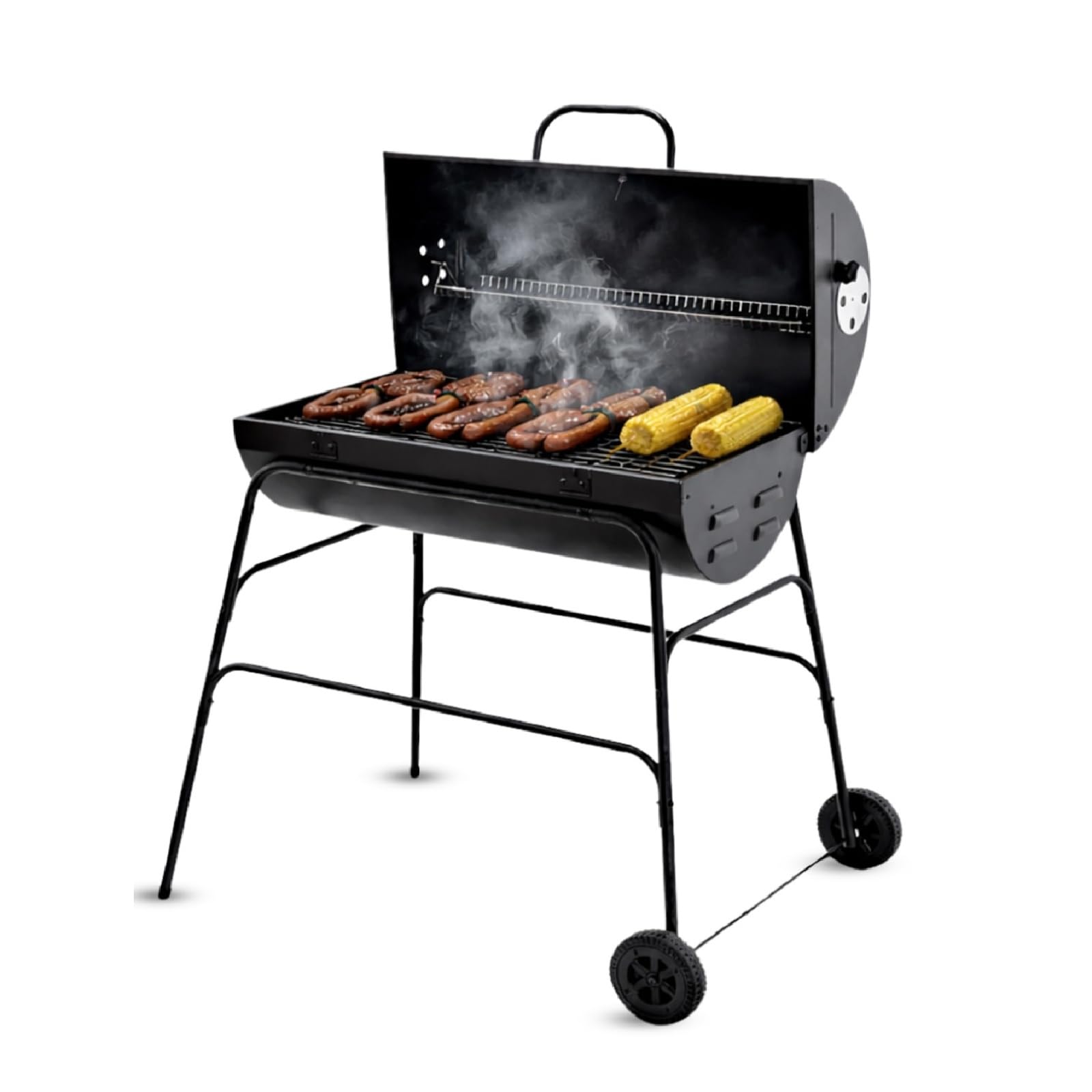 BBQ Grill Oil Drum Patio Charcoal Camping Barbecue Rounded Barbecue on Wheels Black Heavy Duty Portable Charcoal Smoker Grills with Wheels Stand BBQ for Outdoor & camping Barbeque