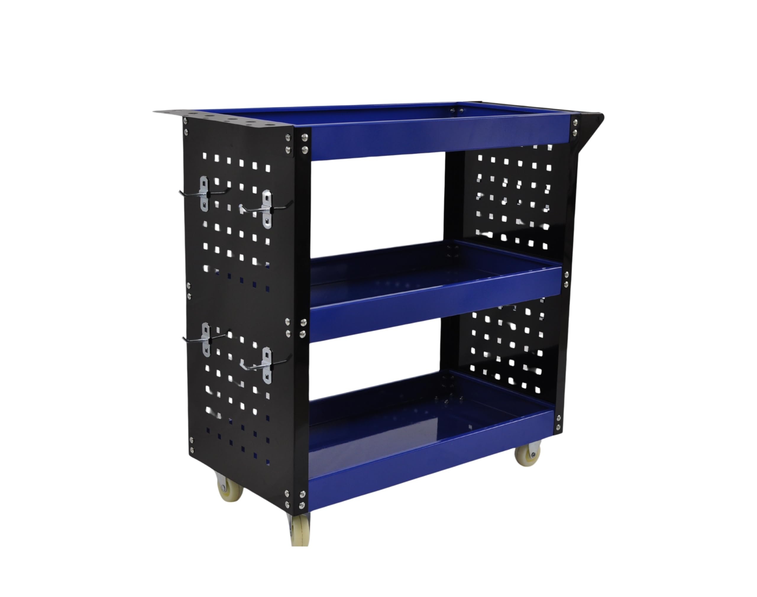 Carro de Taller Profesional 3 Baldas con Paneles Laterales y Ganchos – Azul/Negro – 700×350×760 mm – Carro Herramientas con Ruedas Maniobrable