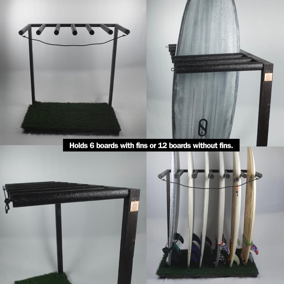 Veritcal Surfboard Storage Rack - Durable Wood and Premium Turf Base with Safety Bungee