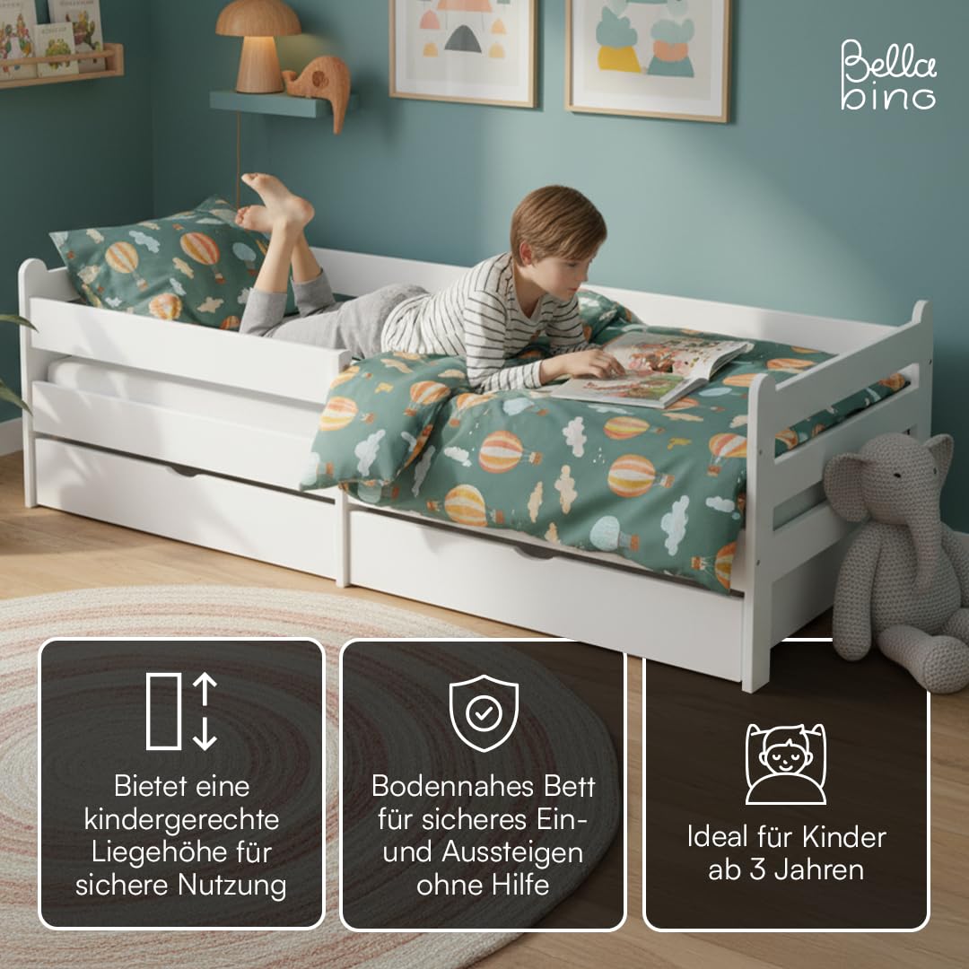 Bellabino Kuru Kinderbett 90x200 cm – Jugendbett mit 2 Schubladen - Kinder Bett mit Rausfallschutz & Lattenrost – Einzelbett für Jungen und Mädchen für Kinderzimmer – Kids Bed mit Stauraum in Weiß