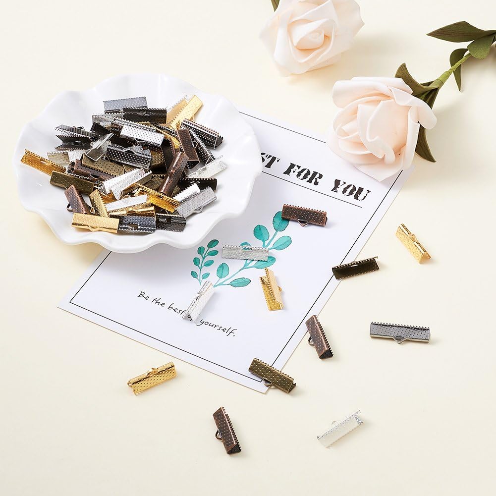KISSITTY Random Mixed Color 3/4 Inch Length Iron Ribbon Ends 20x8x5mm Pinch Crimp Clamp Cord Ends Findings for DIY Jewelry Making (About 270pcs/200g)