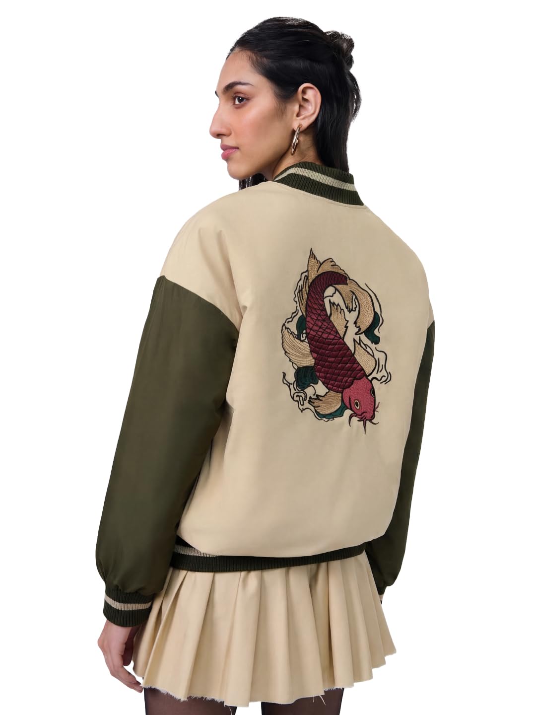 the souled store Varsity Jacket: Strength Women and Girls Full Sleeves Band Neck Beige Graphic Printed Polyester Drop Shoulder Streetwear Trendy Lightweight Winter Oversized Varsity Jacket-picture-22