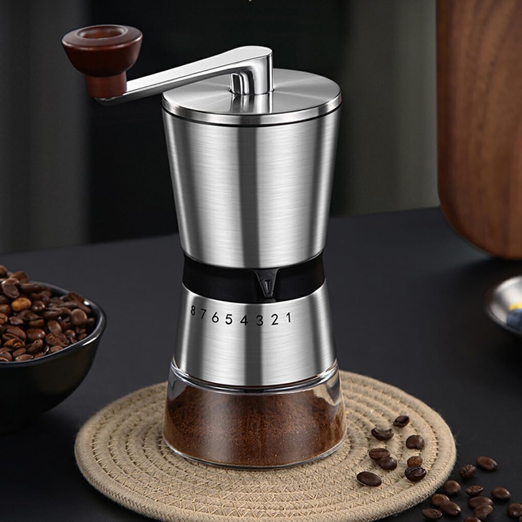 Molinillo de cocina o cafetería con mango extendido para moler fácilmente, molinillo externo de 8 velocidades, grueso y fino, de acero inoxidable