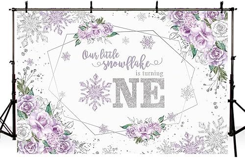 Miniatura 4 de Telón de fondo de invierno de 7 x 5 pies para niña, copo de nieve, color morado, floral, plateado, con purpurina, fondo de fotografía, cumpleaños,