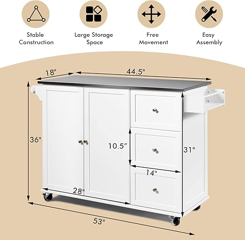 Miniatura 6 de PETSITE Carrito de isla de cocina con encimera de acero inoxidable isla de cocina rodante con gabinete de almacenamiento cajones y estante de