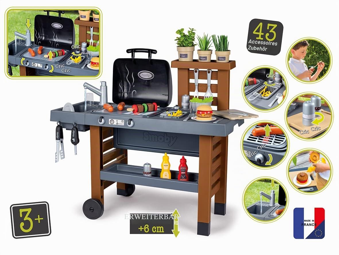 Smoby - Outdoor Gartenspielküche - inklusive Grill, Spülbecken mit Wasserpumpfunktion und vielen Zubehörteilen, für Kinder ab 3 Jahren