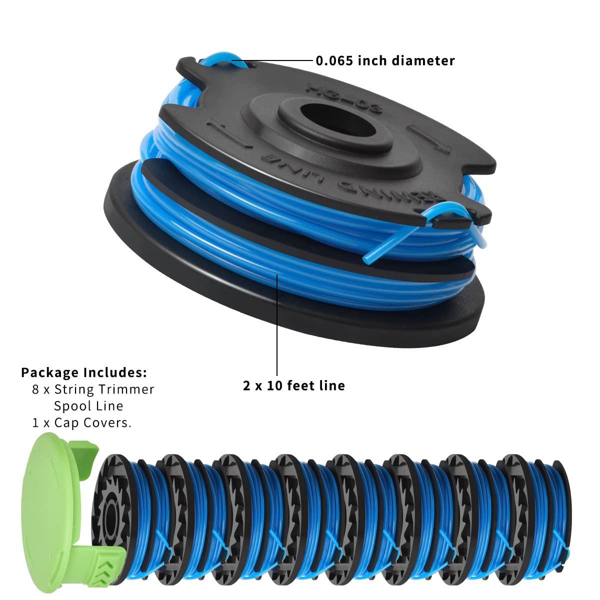 Weed Eater - Bobina de repuesto para cortadora de cuerdas de doble línea para Greenworks 29082/29242 de 065 pulgadas, compatible con los modelos Greenworks 21212 y 21272 (8 carretes, 1 tapa)