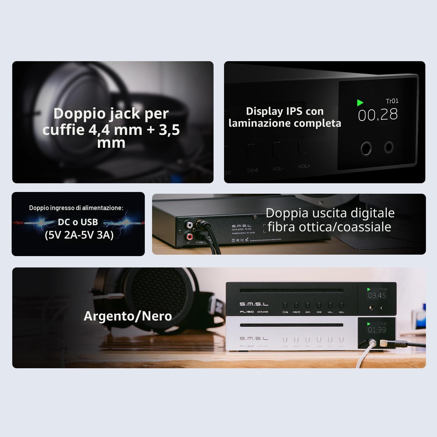 SMSL PL150 - Lettore CD Hi-Fi con decodifica DSD512, funzione DAC USB, ideale per Home Theater e audiofili
