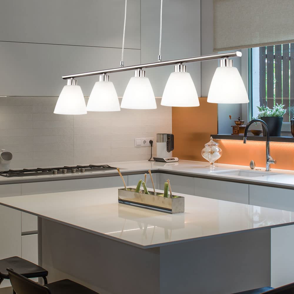 Esstischlampe Hängelampe Esstisch Hängeleuchte silber höhenverstellbar, 5 flammig, Metall nickel Glas weiß, 5x E14 Fassungen, HxLxB 120x93x13cm