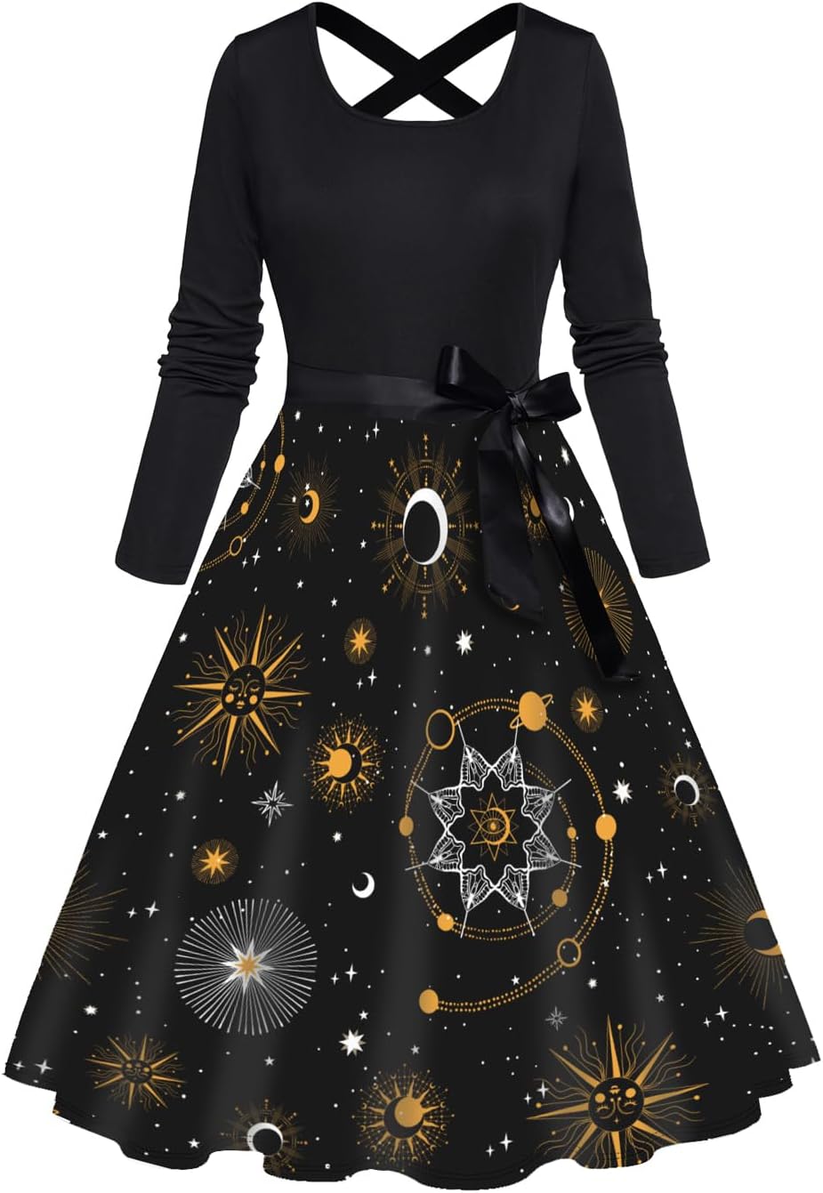DRESSFO Women’s Long Sleeve A-Line Dress – Printed Bowknot Cross Midi Dress with Celestial, Gothic, or Holiday Patterns