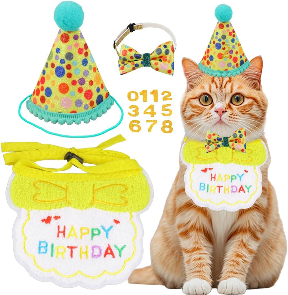 Cat Birthday Party Supplies, Girl Boy Cat Kitten Birthday Bandana Hat Numbers Decorations Outfits Set, Pink