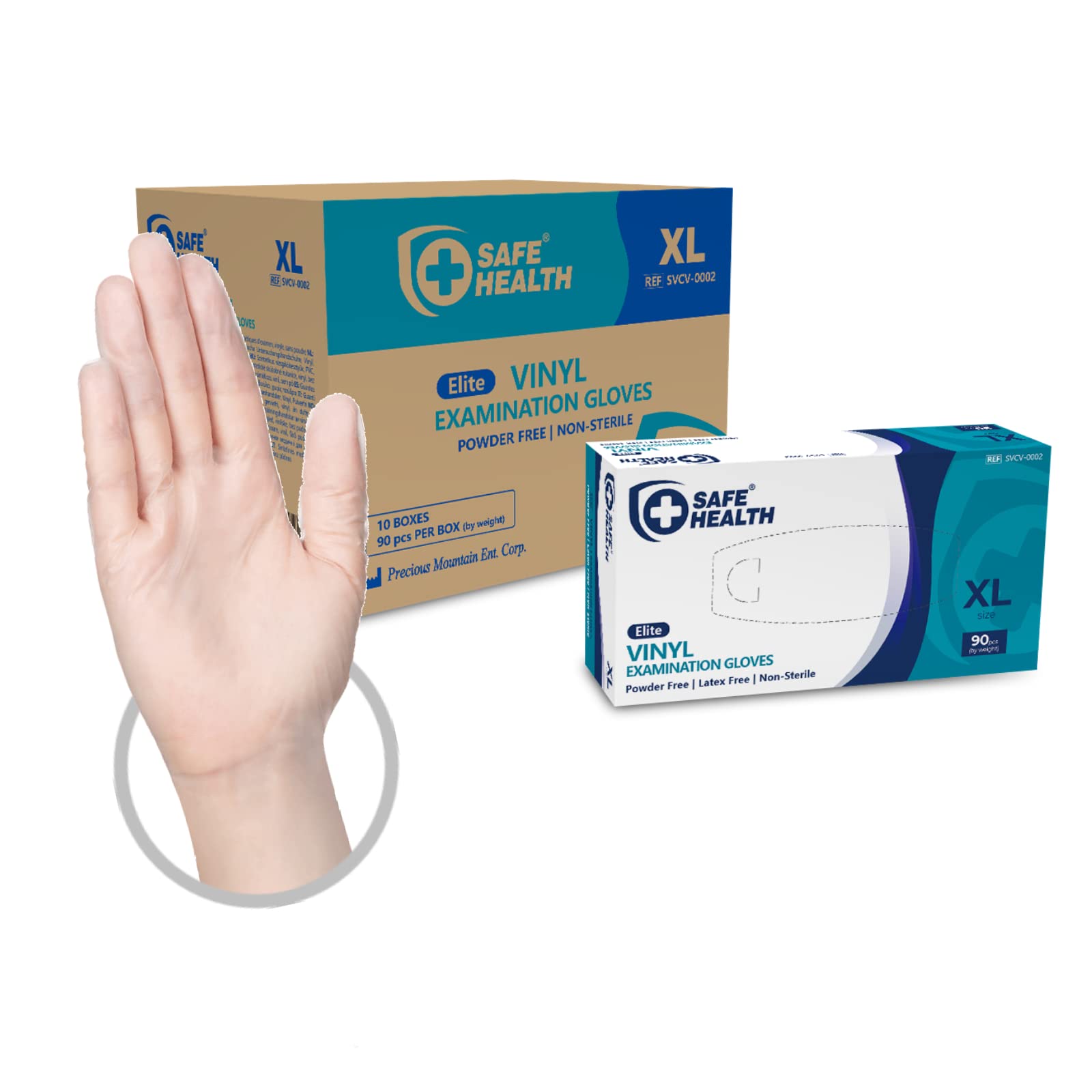 Safe Health Jednorazowe winylowe rękawice egzaminacyjne Rozmiar XL Przezroczyste | Zestaw 900 rękawic | Bez pudru Hipoalergiczne CE Bez lateksu, certyfikat CE | Medyczna pielęgnacja żywności