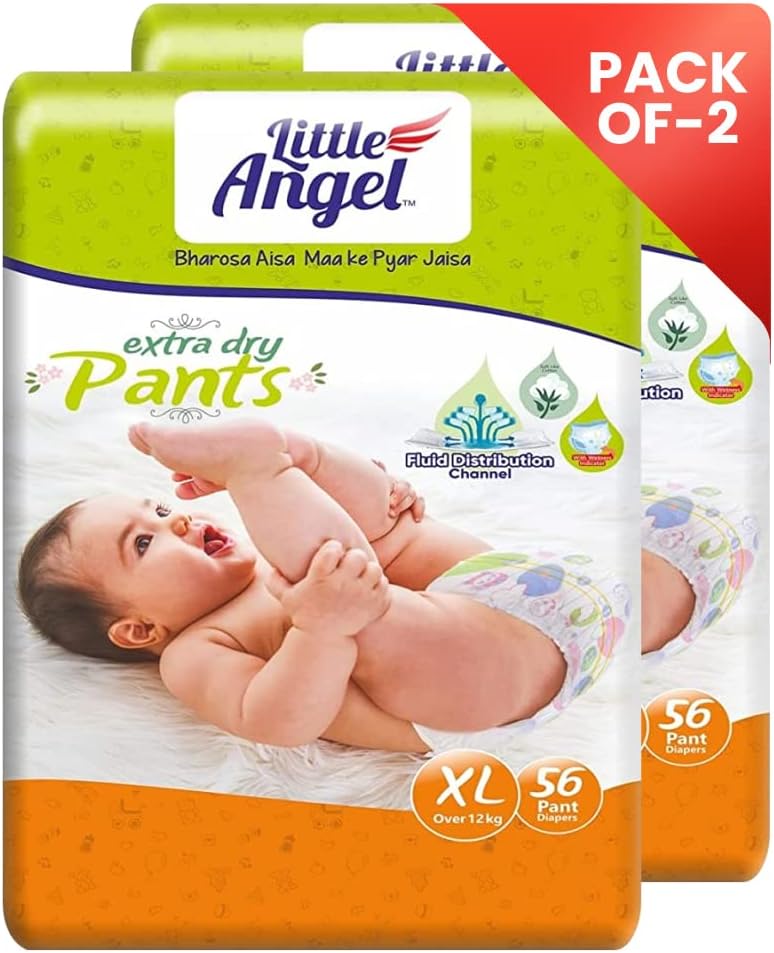 - Extra Dry Baby Pants Diaper, Extra Large (XL) Size, 112 Count, Super Absorbent Core Up to 12 Hrs Protection & Wetness Indicator, Over 12kg (56 count/pack, Pack of 2)