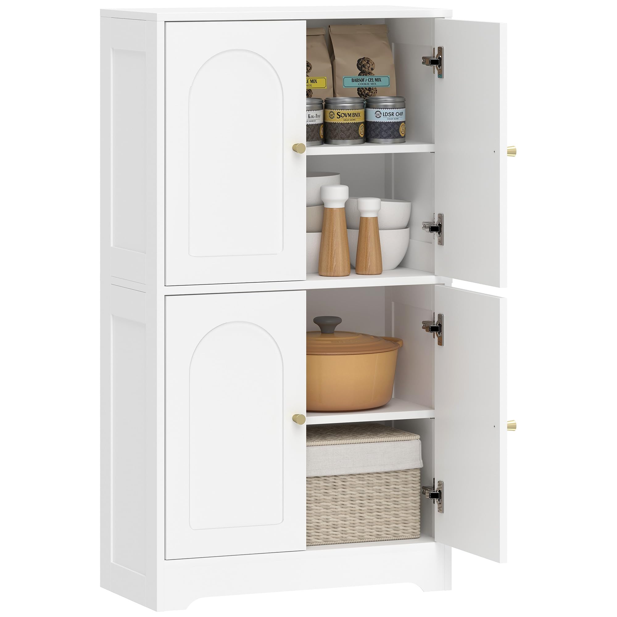 HOMCOM Küchenschrank, Hochschrank mit 2 verstellbaren Regalböden, Küchenbuffet Buffetschrank mit 4 gewölbten Türen, für Wohnzimmer, Weiß, 60 x 30 x 110 cm
