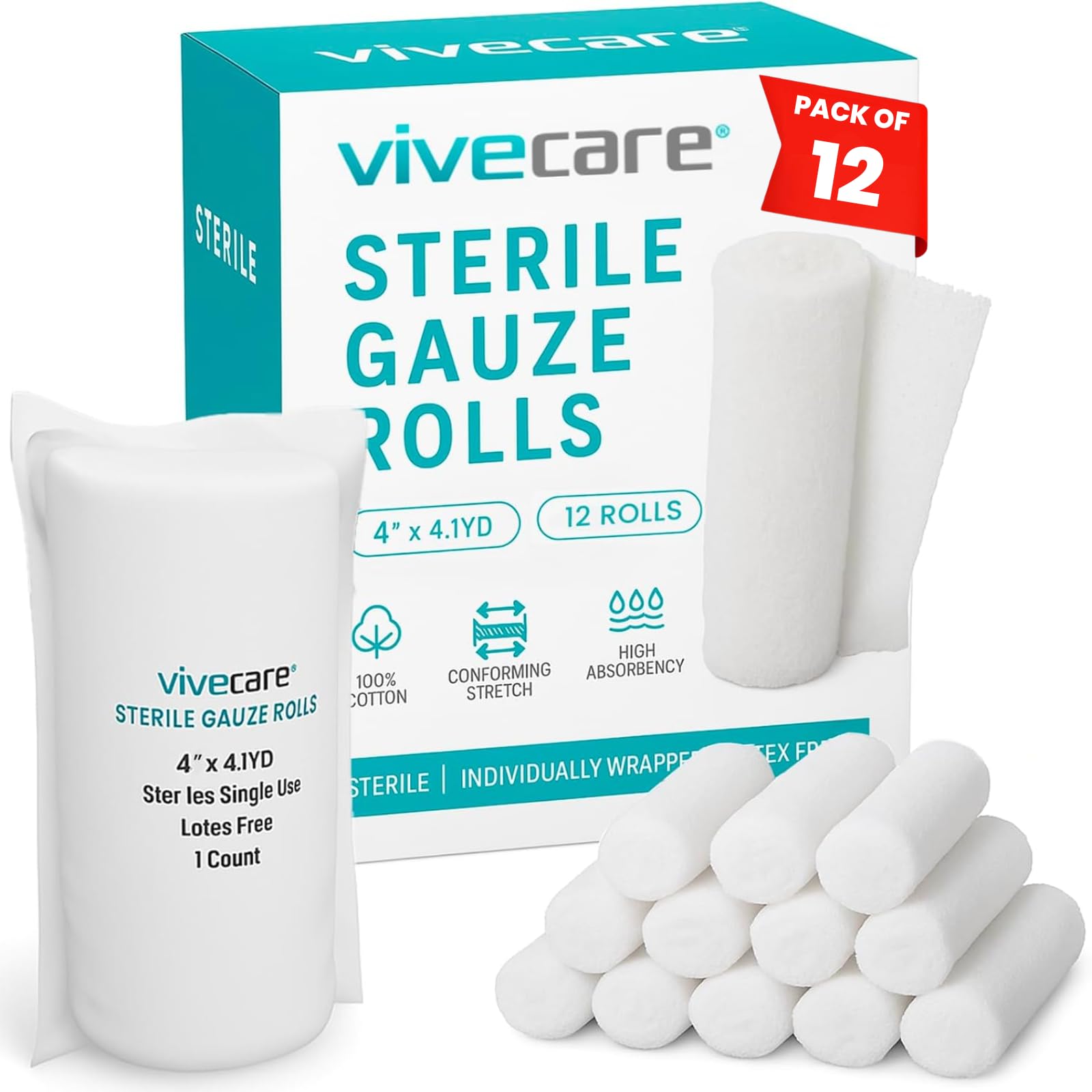 Vive Care XL Gauze Wrap Roll for Wounds (12 Count) Large Sterile Rolls