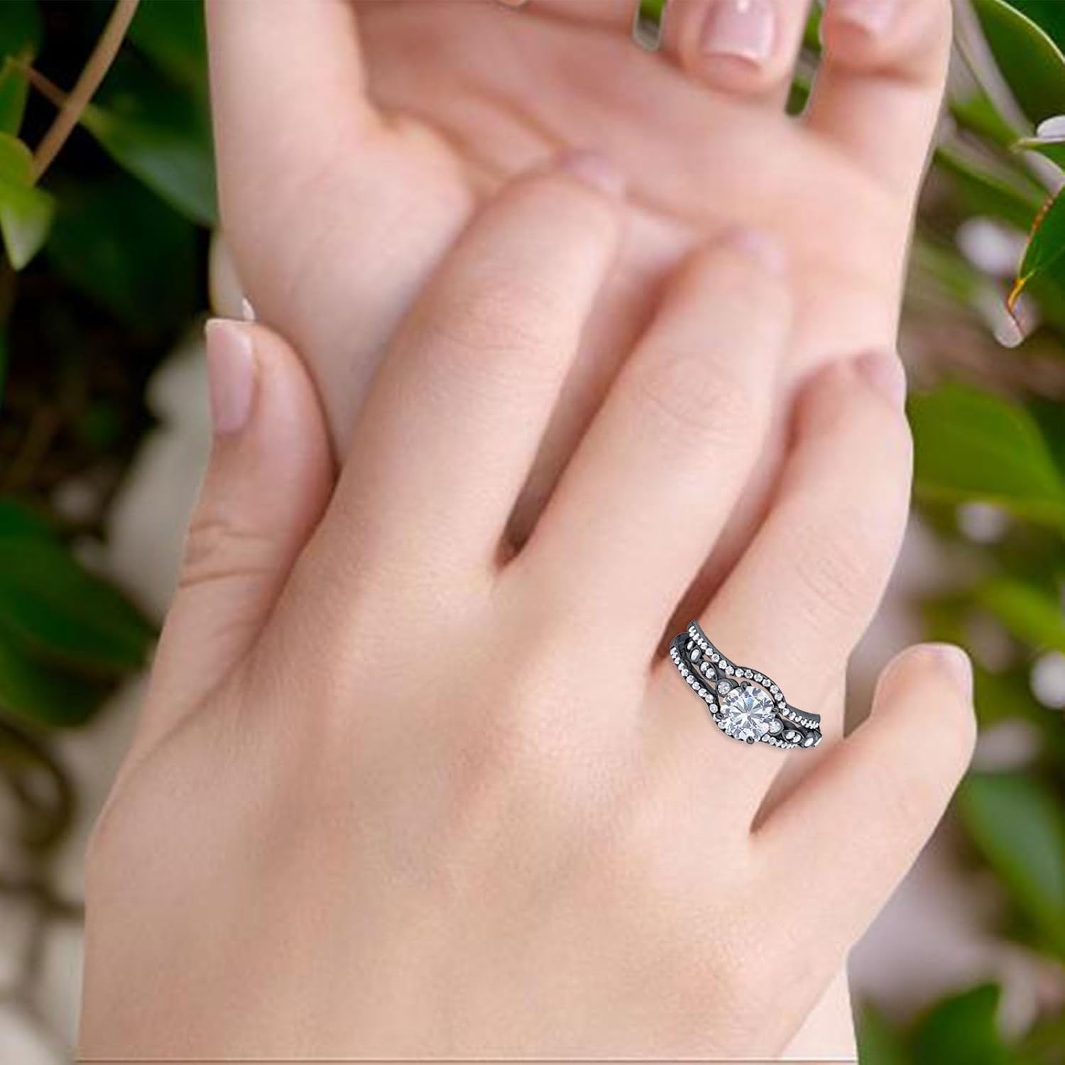 OMRANII Art Deco Three Piece Round Moissanite Vintage Style Curved Band CZ Wedding Set Bridal Engagement Ring 925 Sterling Silver Gifts For Her