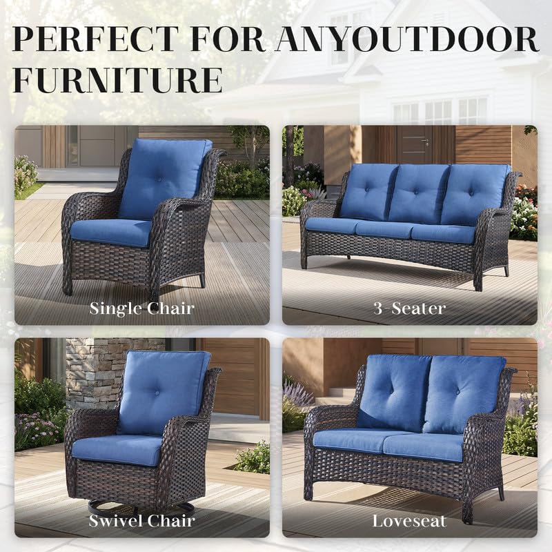 Image of Rilyson 3 Seat Outdoor Wicker Couch, Rattan Patio Sofa, Blue Cushions | High Back and Deep Seating, All Weather, Water-Resistant, Removable Cover, Stain-Resistant, for Garden Backyard Deck