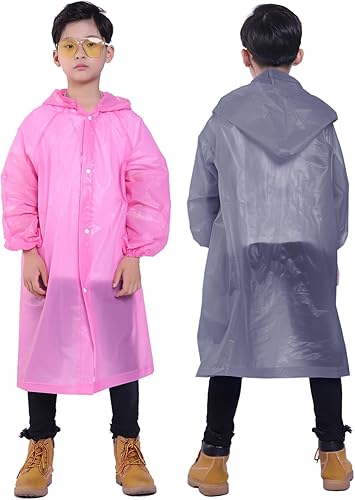 Miniatura 4 de Paquete de 2 ponchos de lluvia para niños, chaqueta de lluvia reutilizable para niños con capucha, impermeable, para niños y niñas