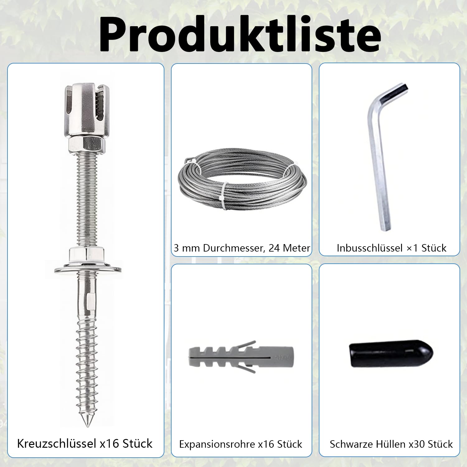 Rankhilfe Metall für Kletterpflanzen, Edelstahl Robust Drahtgitter Set mit 24m Rankhilfe Edelstahl (3mm Stahlseil) und 16 Halter für Kletterpflanzen, Garten, Mauer, Rosen Weinreben