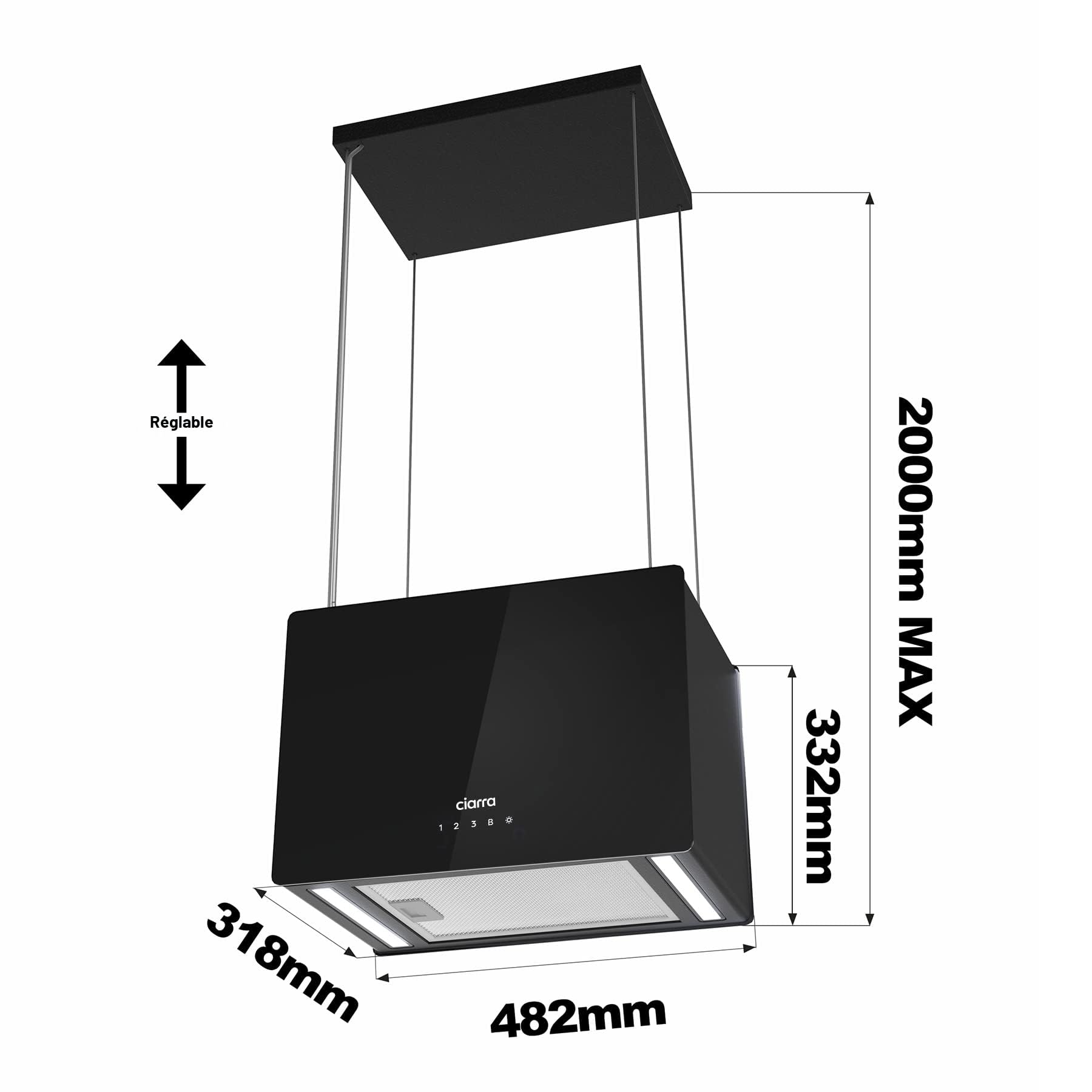 Ciarra Hotte îlot Centrale A+++ 700m ³/ h 48cm - Hotte Aspirante 4 Vitesses - WiFi&APP - Filtre à Charbon Inclus - 2 Niveaux de Luminosité LED - Hotte Suspendue Recyclage - CBCB4850