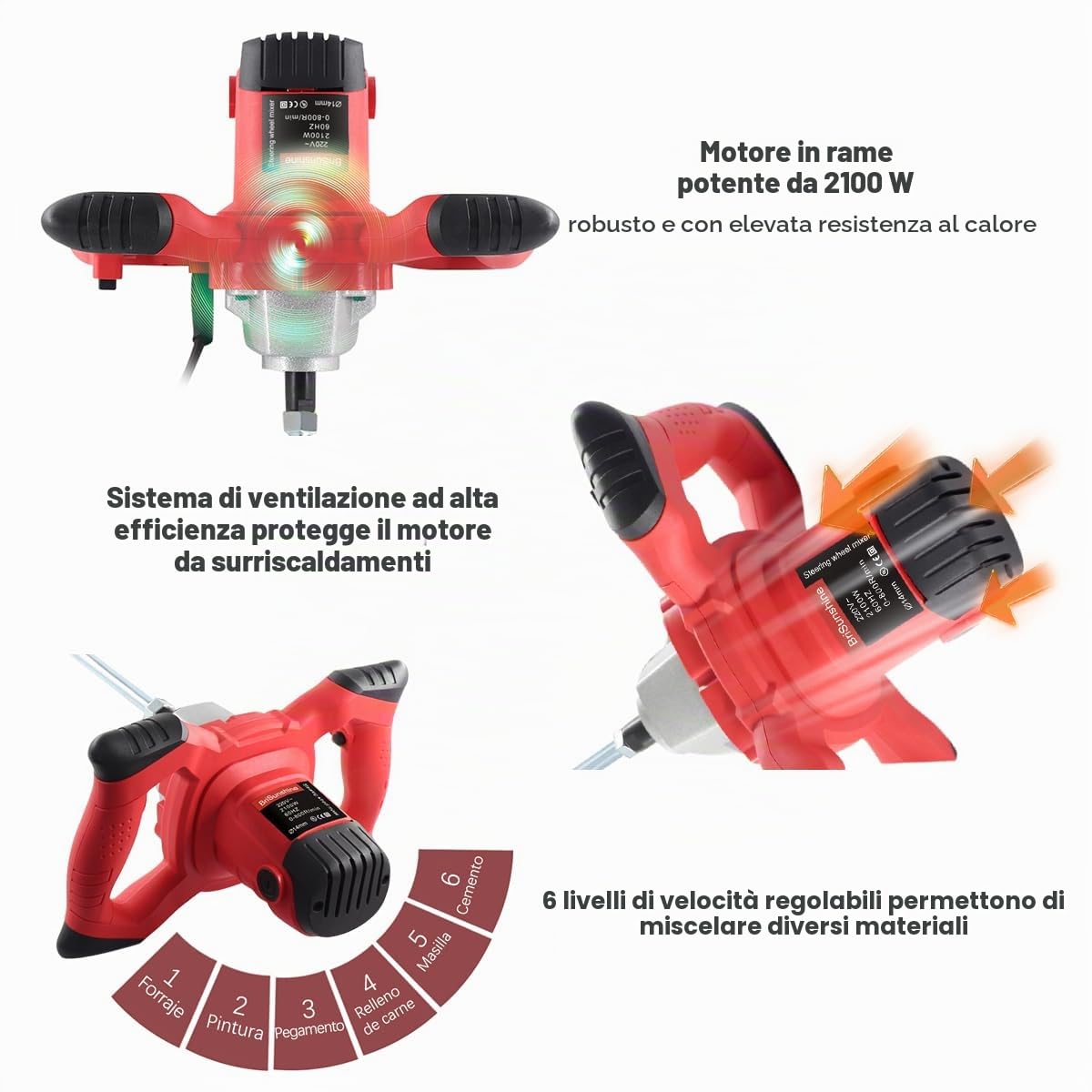 2100W Miscelatore per malta elettrico del concreto, impastatore cemento portatile del malta, una regolazione di 6 velocità