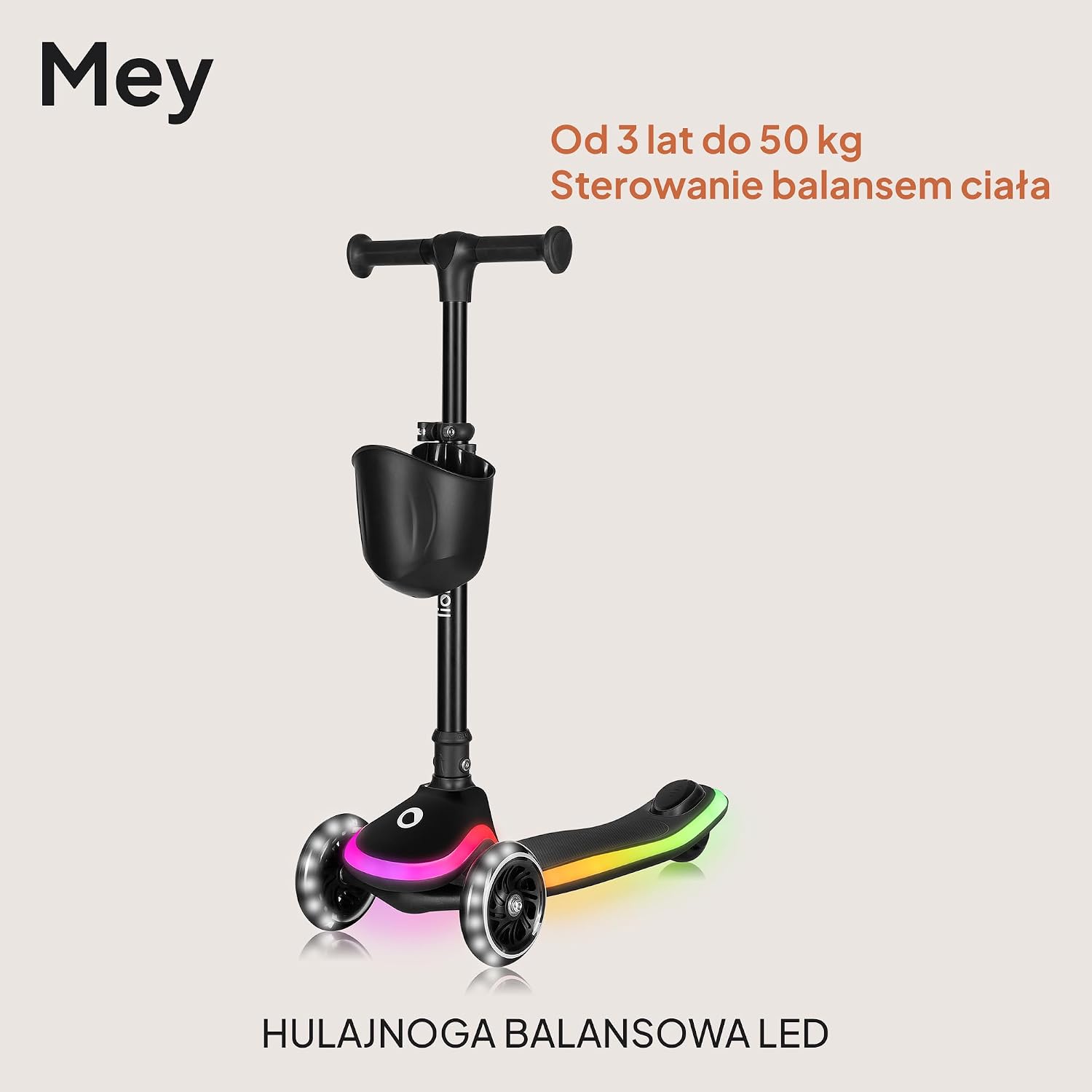 LIONELO MEY Hulajnoga Balansowa dla Dzieci od 3 roku życia do 50 kg Trójkołowa Hulajnoga Dziecięca z Regulacją Wysokości Antypoślizgowy Podświetlany Podest i Koła LED Koszyk