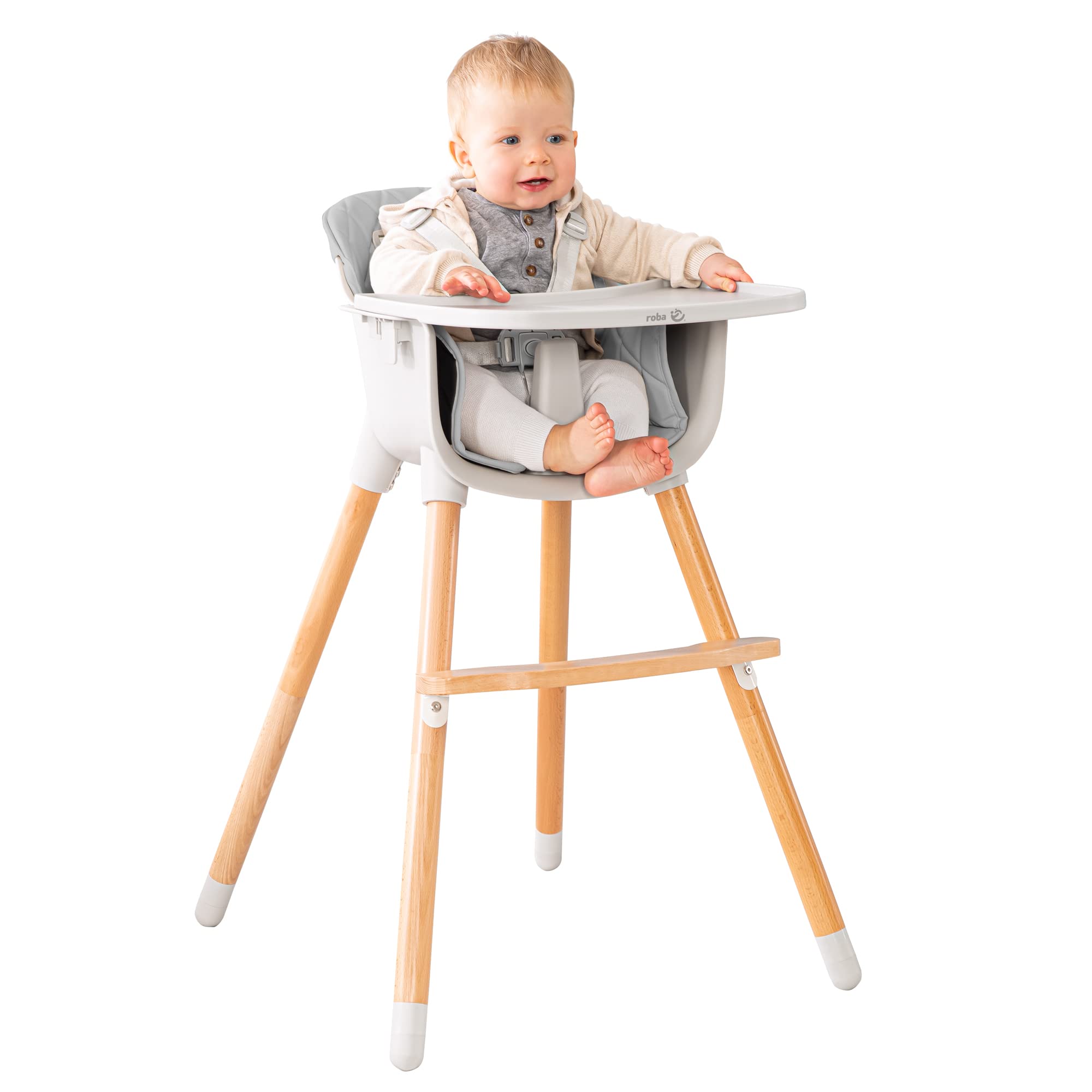 roba Chaise Haute Évolutive 2 en 1 Style Up Wood pour Bébé et Enfant - 50 KG - avec Ceinture de Sécurité et Plateau Repas Amovible - Réglable - Assise Rembourrée - Gris