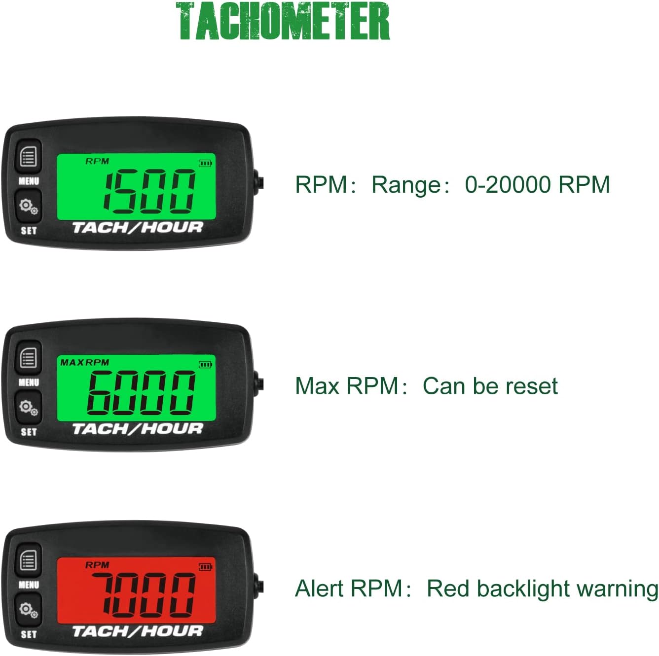 Yooreal Digital Hour Meter Tachometer, RPM Gauge Maintenance Reminder Replacement Battery Backlight for Lawn Mower Generator Scooter Lawn Tractor Compress Leaf Blower Chainsaw Snow Blower Snow plows