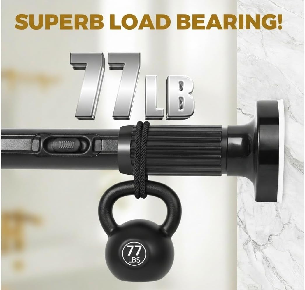 Tension Curtain Rods 51-86 Inch(5-7.17Ft),Shower Curtain Rods No Drilling,Heavy Duty tension rod for Bathroom Windows Room Divider Outdoor Patio,Easy Install,Never Rust,Diameter 1.26 In-Black