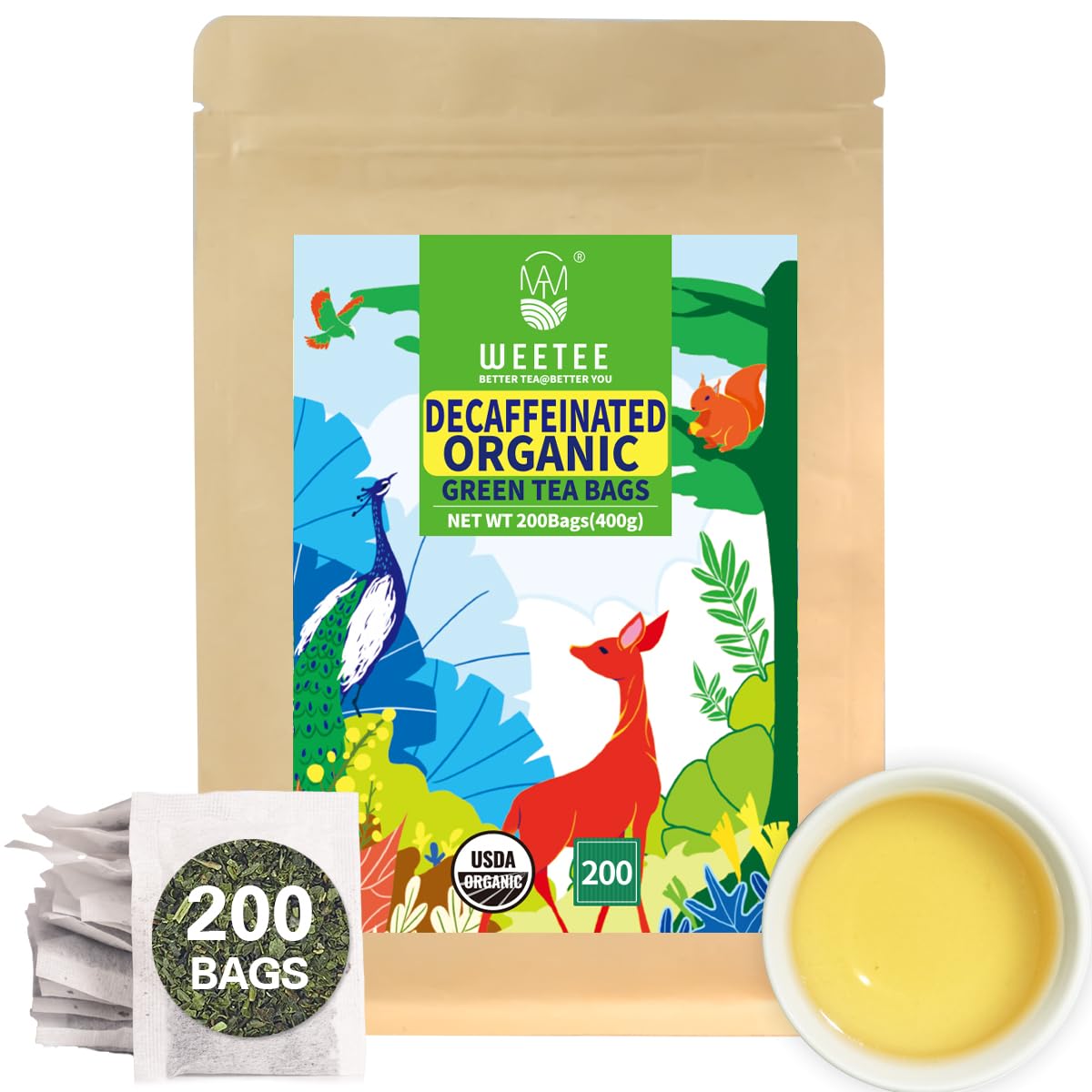 WT WEETEE Organic Decaf Green Tea Bags, USDA Organic Green Tea 200 Count | CO2-Decaffeinated | Super Antioxidant | Resealable Kraft Bag