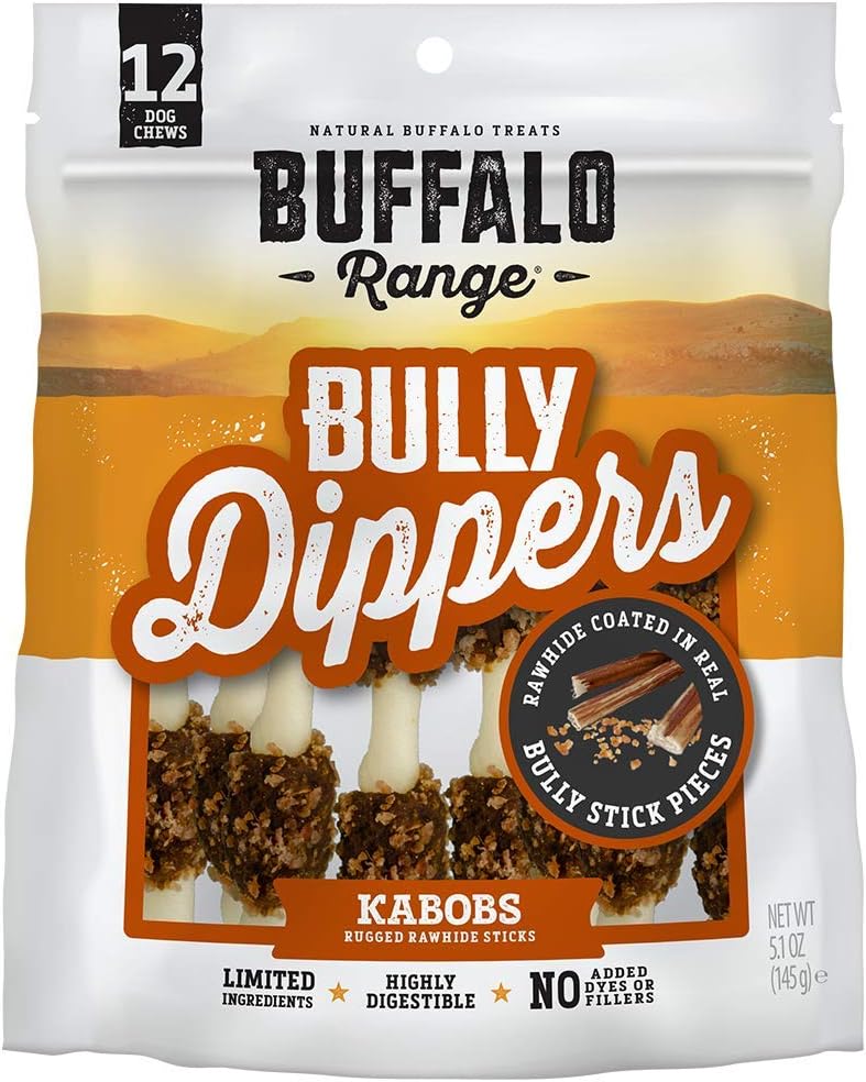 Buffalo Range Rawhide Dog Treats | Healthy, Grass-Fed Buffalo Jerky Raw Hide Chews | Hickory Smoked Flavor | Jerky Kabob with Bullypiece | 12 Count