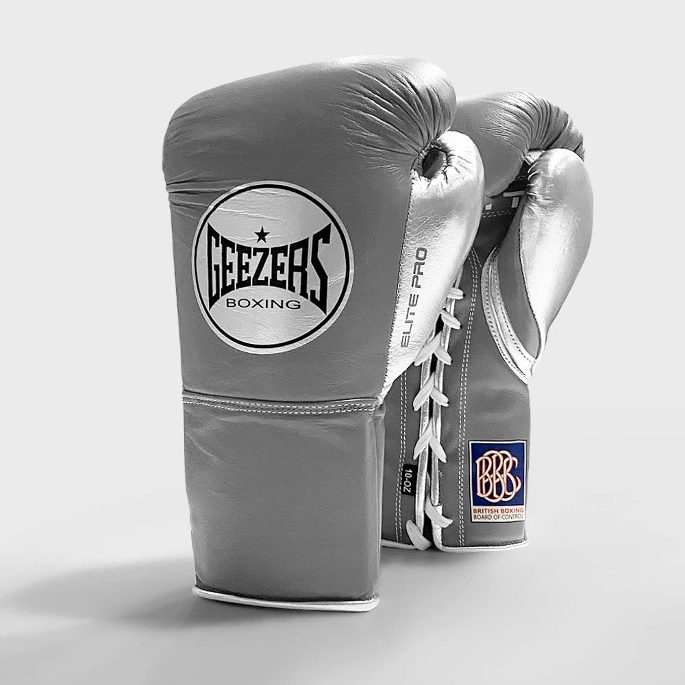 Geezers Boxing Elite Pro Special Edition Mens, Womens Fight Boxing gloves, Approved by the BBBofC for all professional fights. (Dark Grey/Silver, 8oz) — image 1