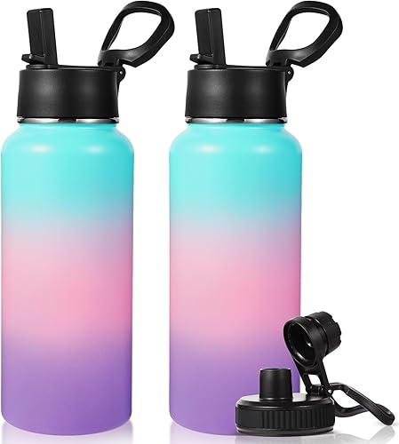 Miniatura 31 de Neihepal - Botellas de agua aisladas de 32 onzas a granel con 2 tapas (pajita y boquilla), botella de agua de acero inoxidable de doble pared, Azul