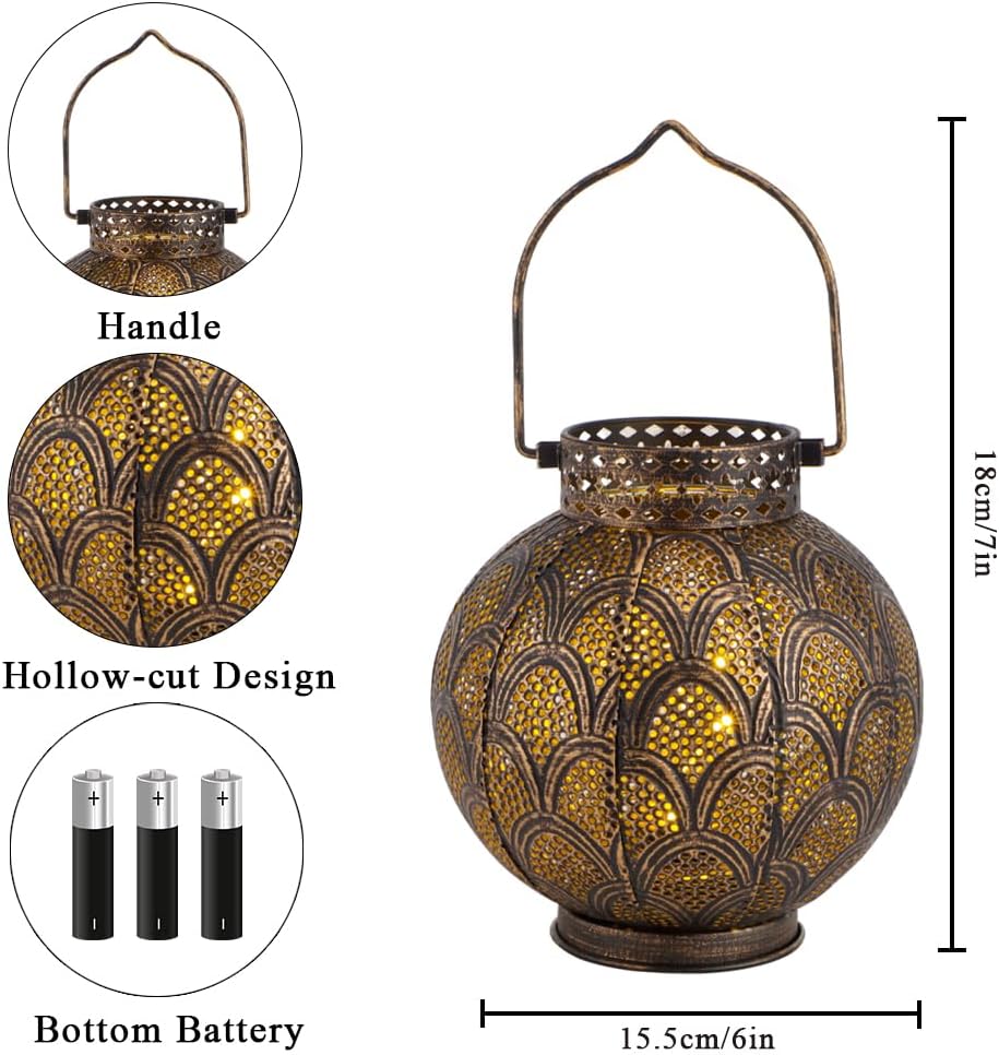 TRIROCKS Set of 2 Moroccan Style Metal Table Lamp 7'' High Battery Powered Cordless Lamp with LED Fairy Lights Bulb Perfect for Home Living Room Parties Tabletop Indoors (Bronze)