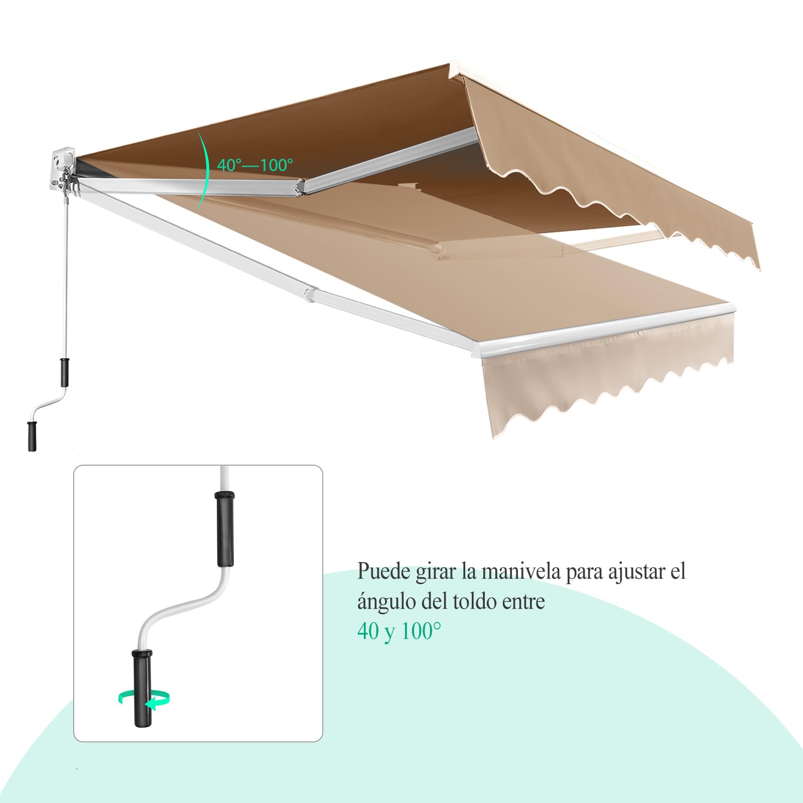 GOPLUS Toldo Retráctil Exterior(Beige, 250 x 200 cm) | Toldo Enrollable Impermeable, con Manivela, Ángulo Ajustable 40-100°y Brazo Articulado, para Terraza Jardín Tienda