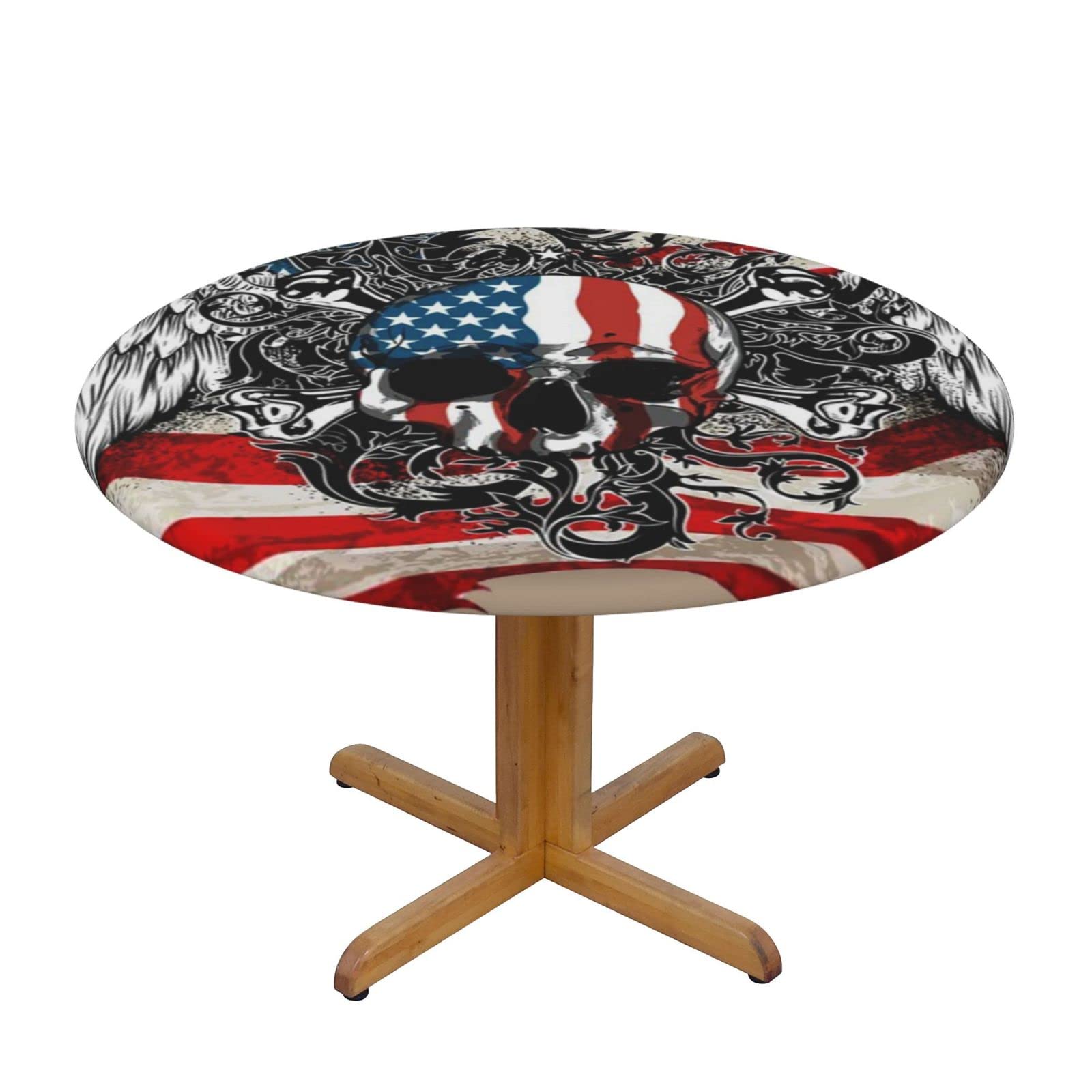 Lsjuee Round Fitted Tablecloth 45-50in Elastic Edged Table Cloth for Kitchen Dining Party Home Decor - America Skull Flag Patriotic
