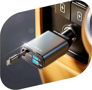 LISEN 57W Cigarette Lighter USB C 3-in-1 Car Charger - [300% Compact] 12V USB Adapter Car Charger with Retractable Charging Cable, PD&QC3.0 Car Charger for iPhone 17 Pro Max 16 15 14