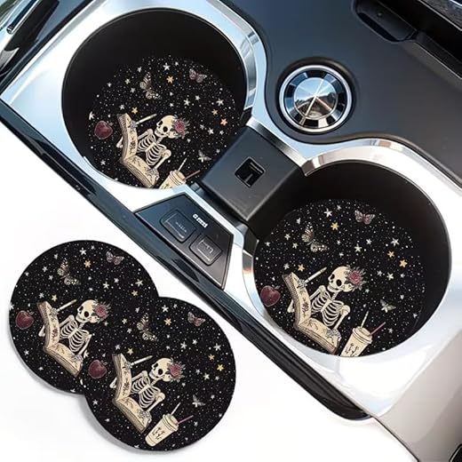 2 Unique Skull Design Car Cup Holder Mats- Premium Non-Slip Rubber Drink Mats with Absorbent Surface for Vehicle Interior Additions, Spill-Proof and Easy to Clean, Waterproof EVA Material